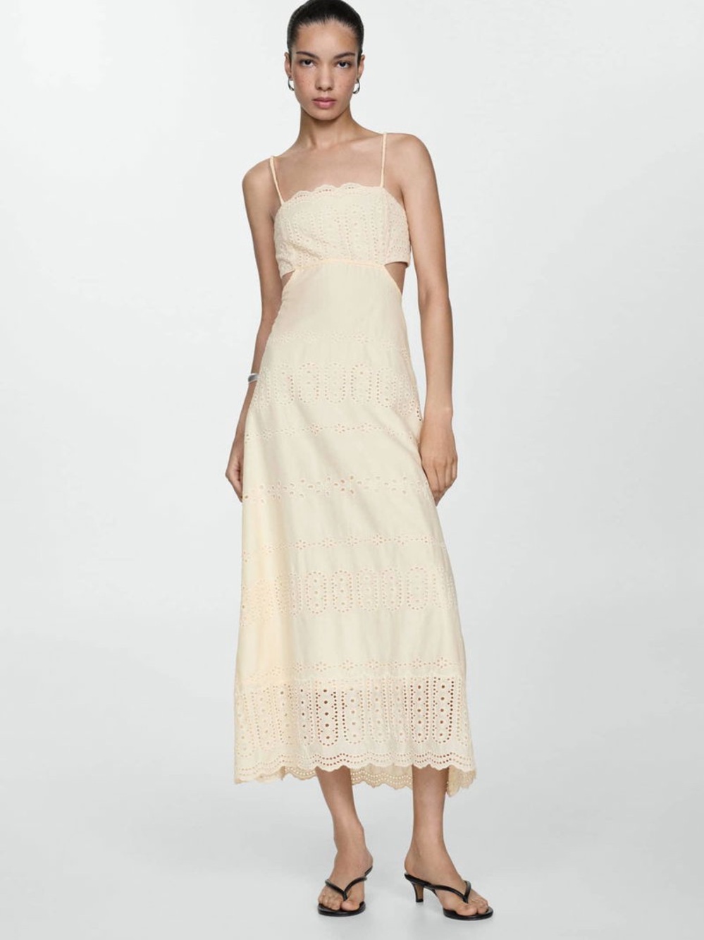 Mango cream eyelet cotton embroidered tie back midi dress - Picture 10 of 12